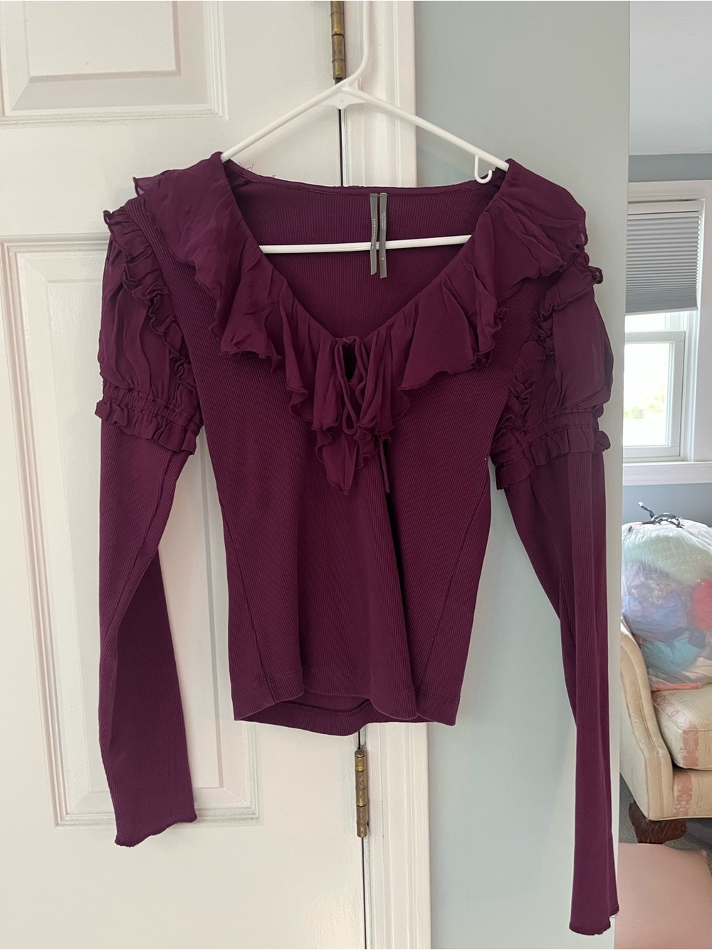Anthropologie Ruffled Long-Sleeve Tie-Front Top in Deep Plum